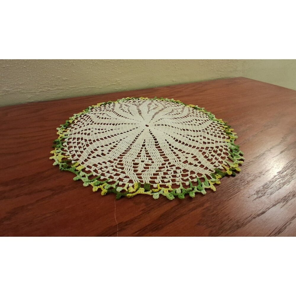 White and Green Crocheted Doily Large 12 Inch Vintage 70s Colorful Trim